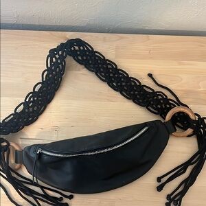 Other Stories Leather Belt Bag with Crochet and Wooden Accents